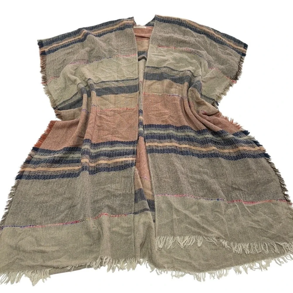 Do Everything In Love Poncho Women One Size Beige Striped Fringe Boho Wrap Shawl